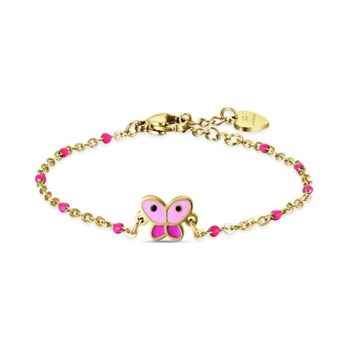 Bracciale Junior in acciaio ip gold con farfalla e smalto rosa