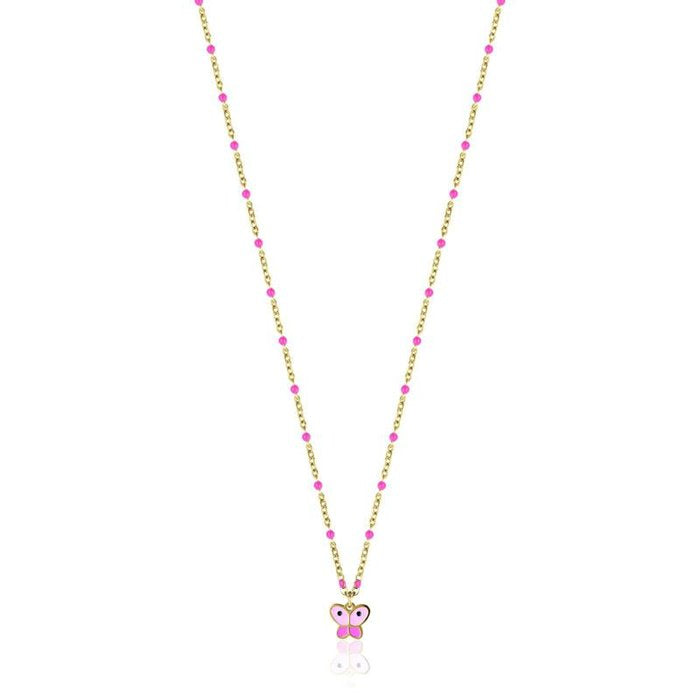 Collana Junior in acciaio ip gold con farfalla e smalto rosa