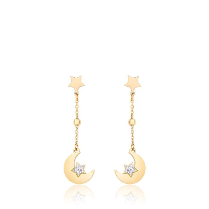 Boucles d'oreilles en acier doré IP avec lunes, étoiles et cristaux blancs
