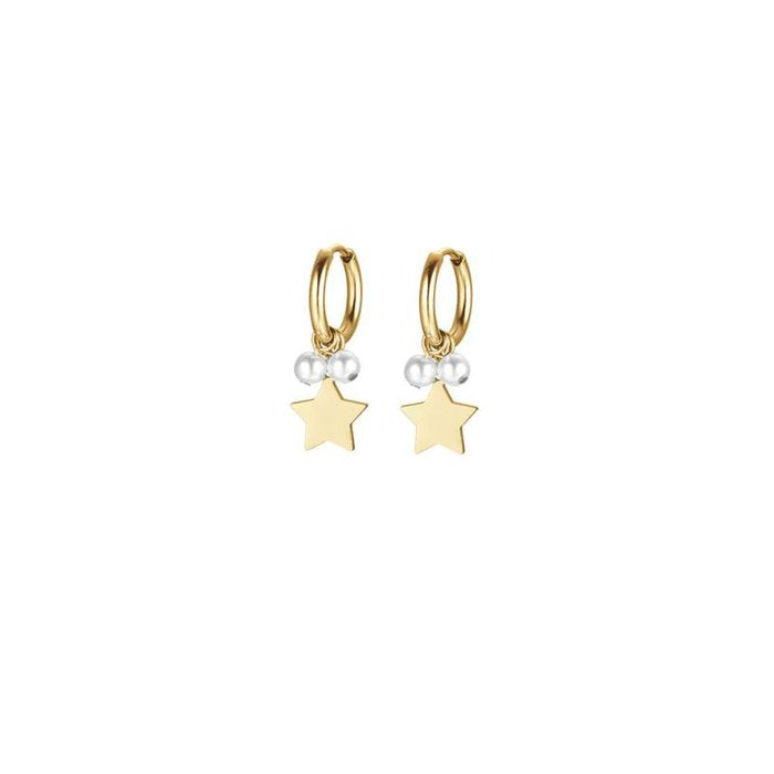 Orecchini in acciaio ip gold con stelle e perle bianche