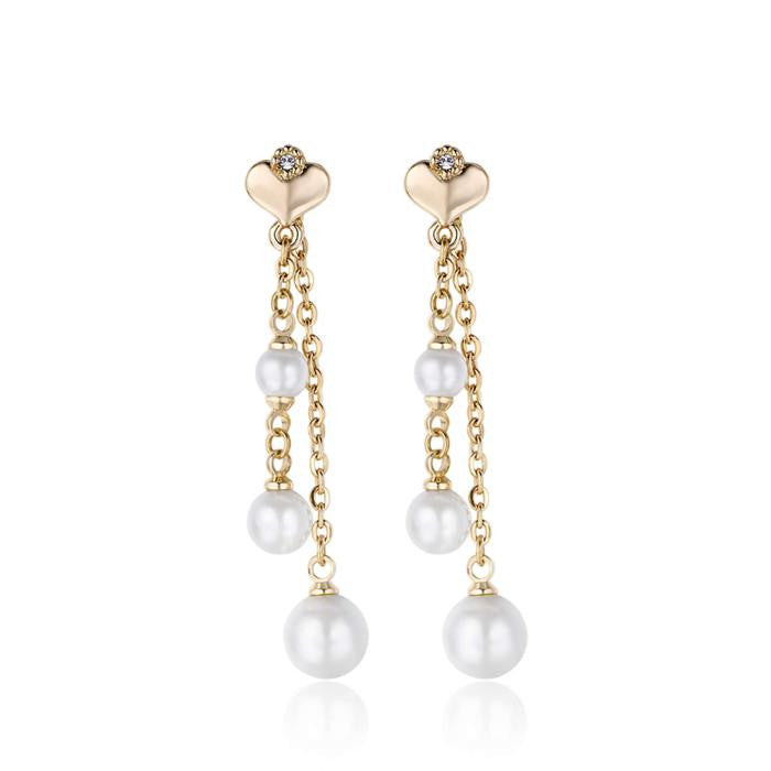 Gold Steel Earrings With White Synthetic Pearls And Metal Hearts