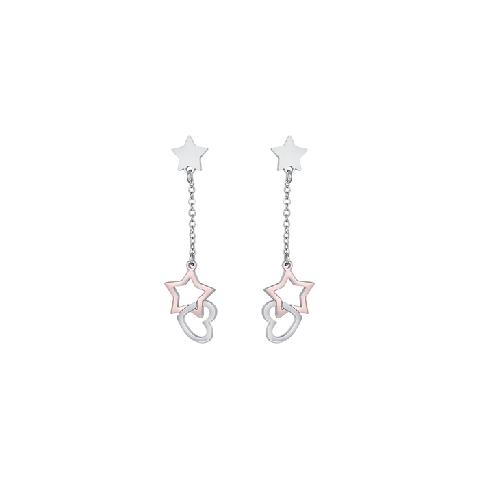 ORECCHINI IN ACCIAIO CON CUORI IN ACCIAIO E STELLA IP ROSE