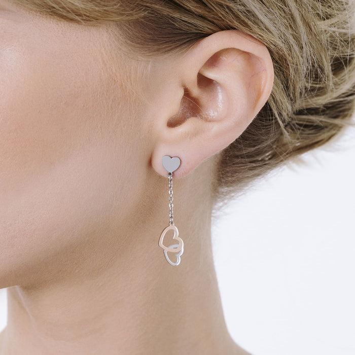 STEEL EARRINGS WITH STEEL AND IP ROSE STEEL HEARTS