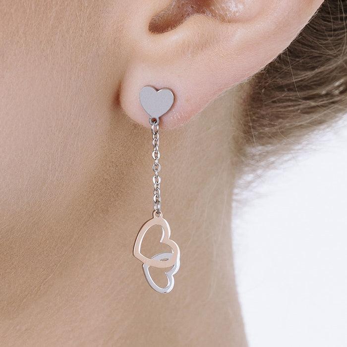 STEEL EARRINGS WITH STEEL AND IP ROSE STEEL HEARTS