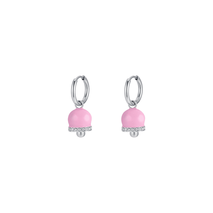 ORECCHINI DONNA IN ACCIAIO CON CAMPANELLE CON SMALTO ROSA E CRISTALLI BIANCHI