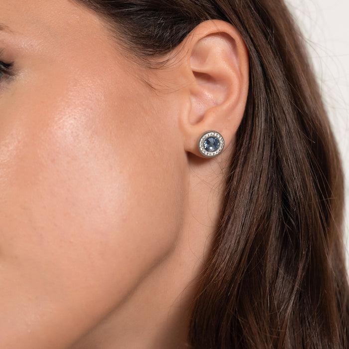 WOMEN'S STEEL EARRINGS WITH AQUAMARINE CRYSTAL ELEMENTS AND WHITE CRYSTALS