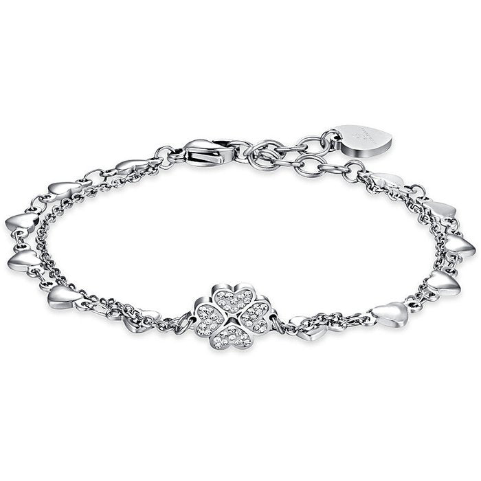 BRACELET FEMME EN ACIER AVEC TRÈFLE À QUATRE FEUILLES ET CRISTAUX BLANCS