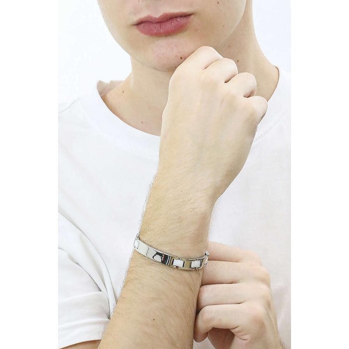Bracciale maglia piatta acciaio e ceramica bianca con piastra centrale