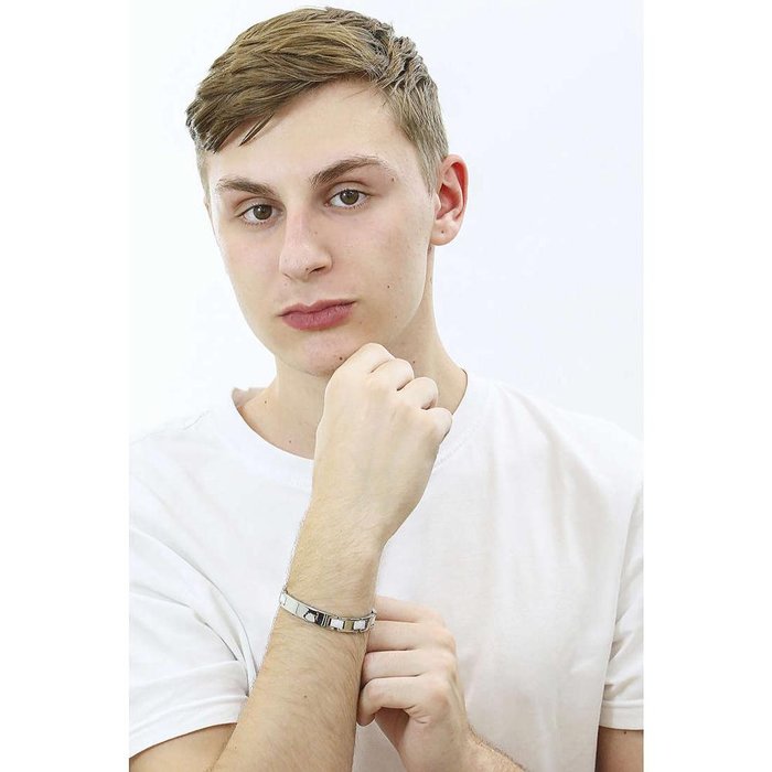 Bracciale maglia piatta acciaio e ceramica bianca con piastra centrale