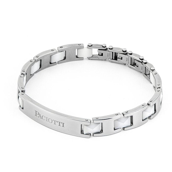 Bracciale maglia piatta acciaio e ceramica bianca con piastra centrale