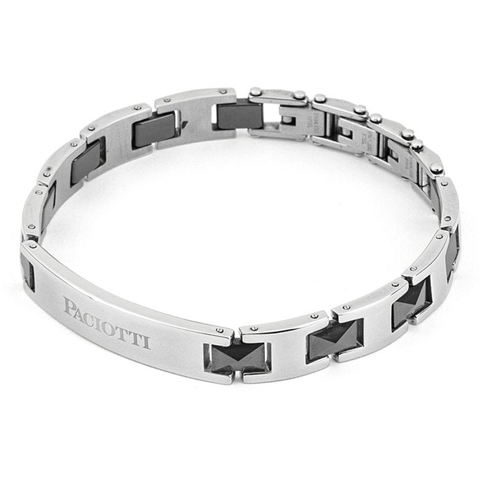 Bracciale maglia piatta acciaio e ceramica nera con piastra centrale