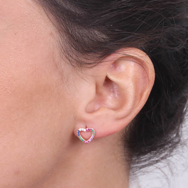 Orecchini in Argento 925 a lobo, con cuori impreziositi da zirconi multicolore