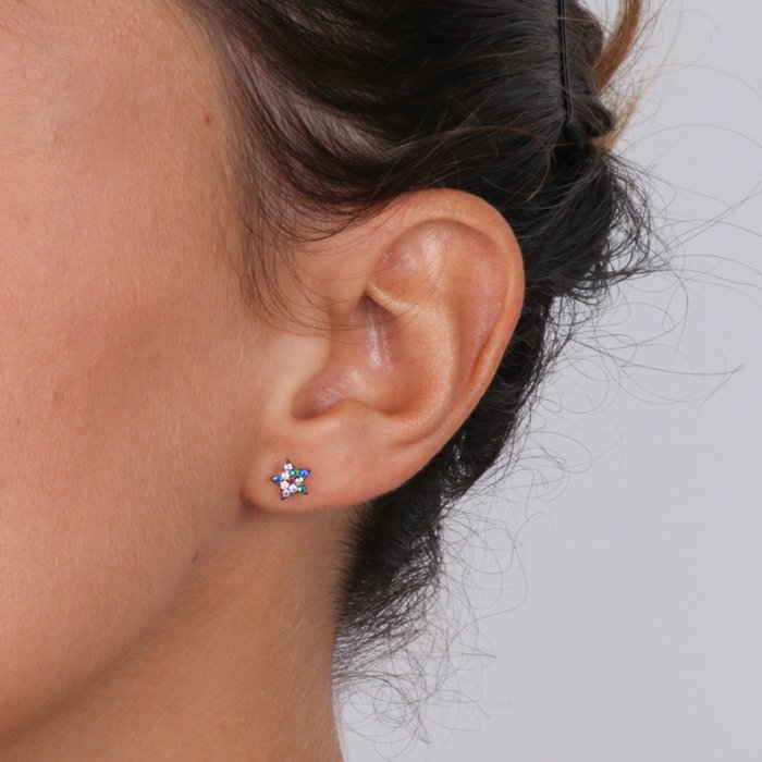 Orecchini in Argento 925 stelline a lobo, con zirconi multicolor su base brunita