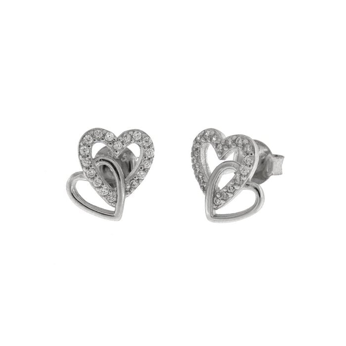 Boucles d'oreilles double cœur entrelacé en argent 925, lisses et serties de zircons blancs