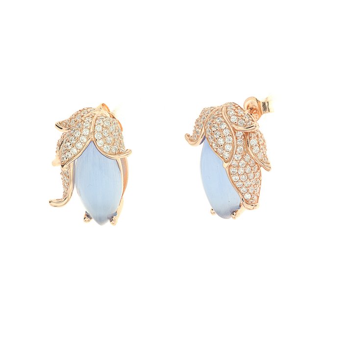 Boucles d'oreilles en argent 925 en forme de fleur ornées d'une pierre œil de chat