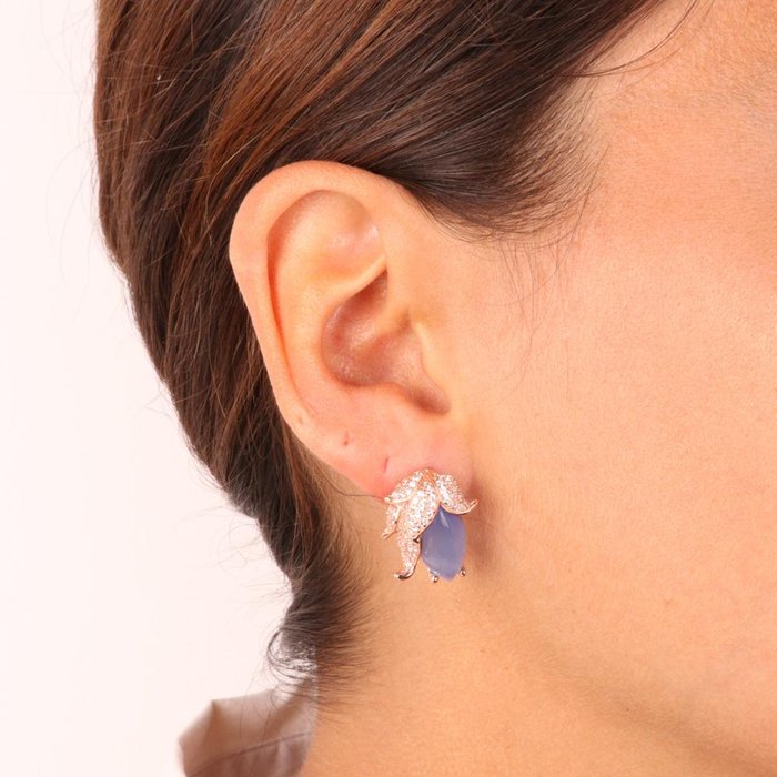 Boucles d'oreilles en argent 925 en forme de fleur ornées d'une pierre œil de chat