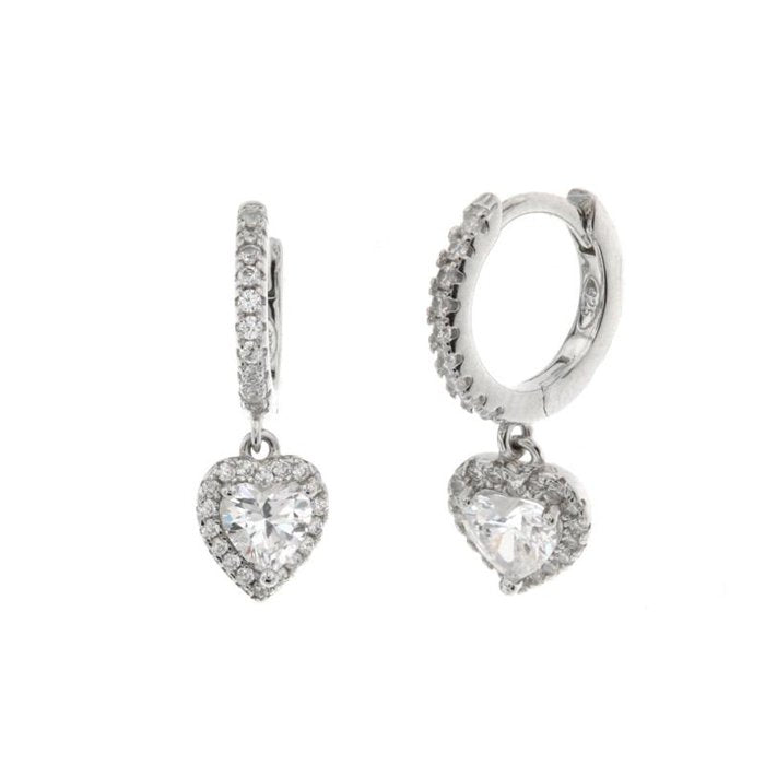 Orecchini in Argento 925 on chiusura a scatto realizzato con zirconi e pendente a forma di cuore con zircone