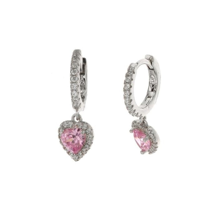 Orecchini in Argento 925 on chiusura a scatto realizzato con zirconi e pendente a forma di cuore con zircone rosa