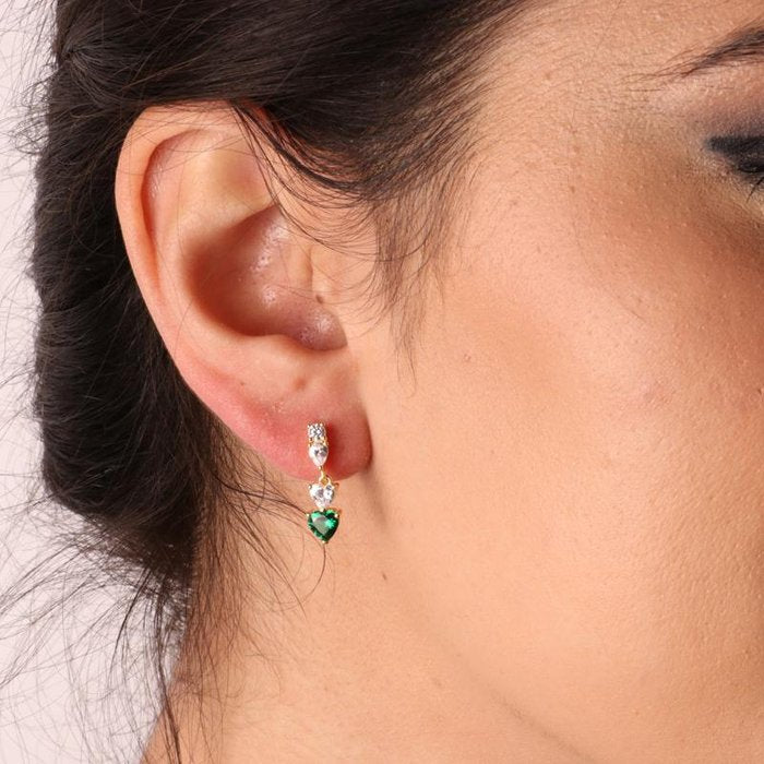 Orecchini in Argento 925 con zirconi e cuori pendenti in zirconi bianchi e verde smeraldo