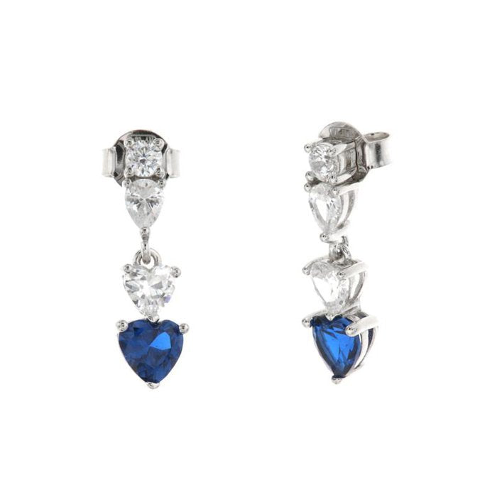 Orecchini in Argento 925 con zirconi pendenti a cuori e zircone blu zafiro