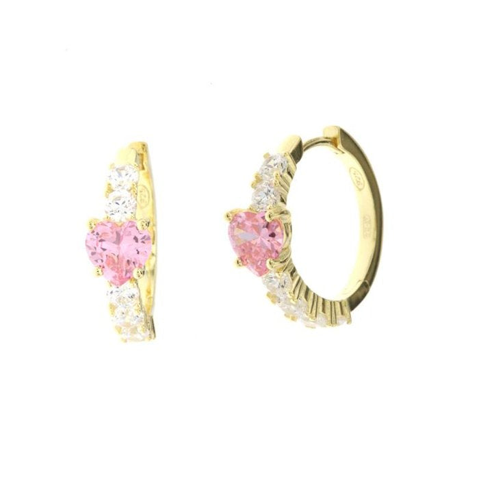 Orecchini in Argento 925 cerchietti con chiusura a scatto con zircone rosa centrale a cuore impreziositi da zirconi bianchi