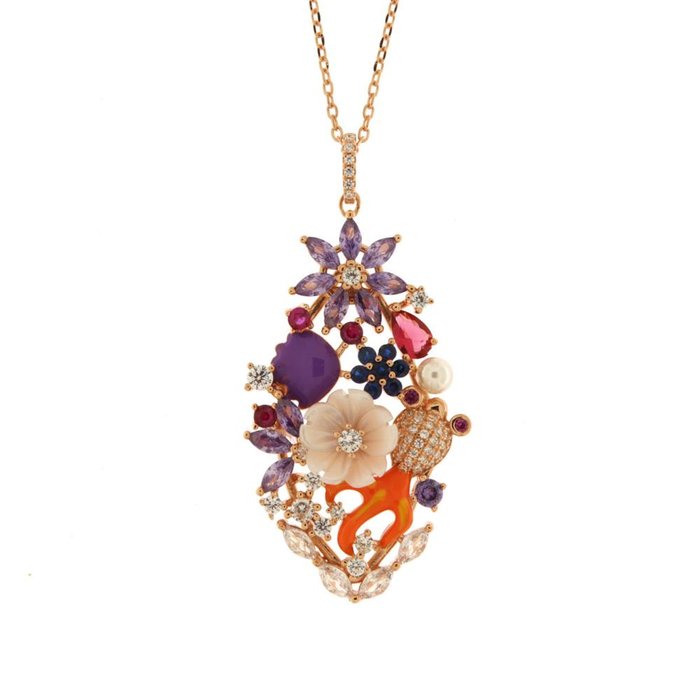 925 Silver Necklace Oval Pendant with White Zirconia, Mother of Pearl Flowers and River Pearls