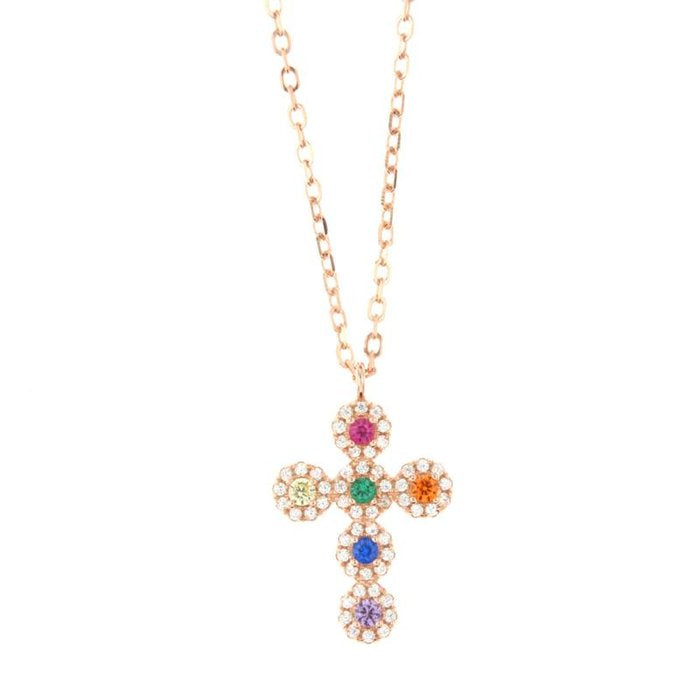 Collana in Argento 925 con croce tempestata da zirconi bianchi e multicolor