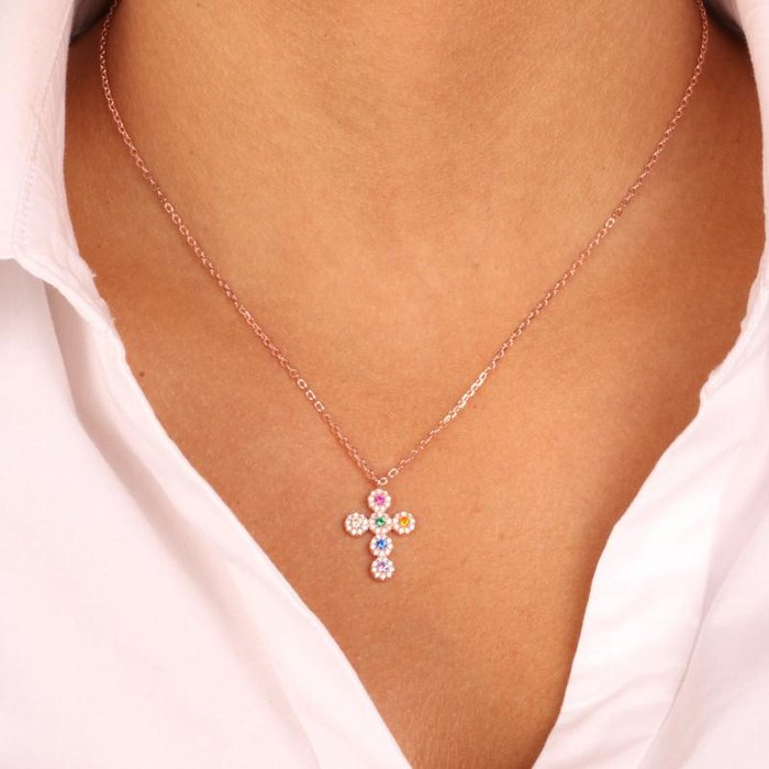 Collana in Argento 925 con croce tempestata da zirconi bianchi e multicolor