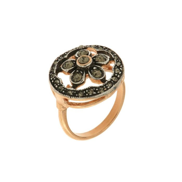 Bague en argent 925 style antique avec fleur et cristaux de fumée