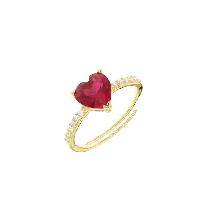 Anello in Argento 925 solitario con cuore in zircone rosso rubino e zirconi bianchi