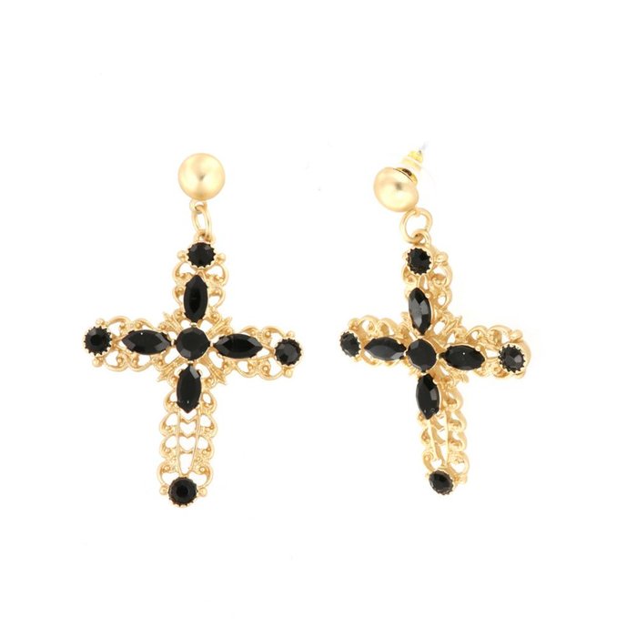 Metal pendant earrings with cross symbol embellished with black enamel