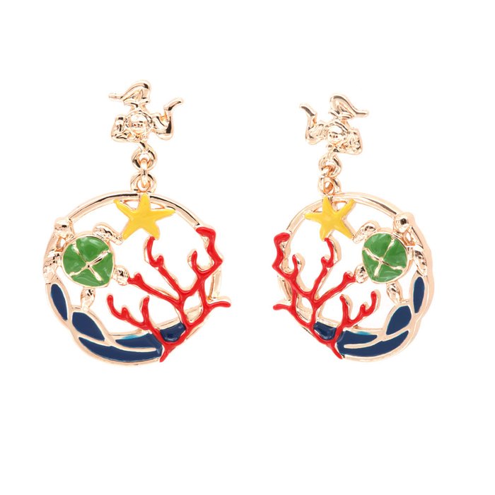 Boucles d'oreilles en métal avec pendentifs en corail et tortue, lobe trinacria