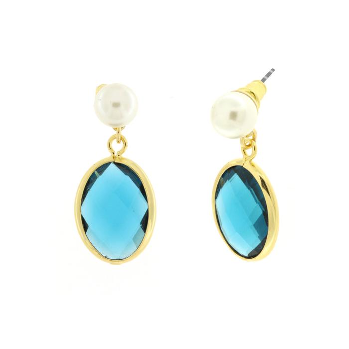 Boucles d'oreilles en métal sur le lobe avec pendentifs en perles et cristal bleu