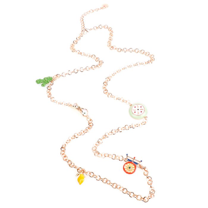 Collana in Metallo con charm siciliani, coffa, corno portafortuna, cassata