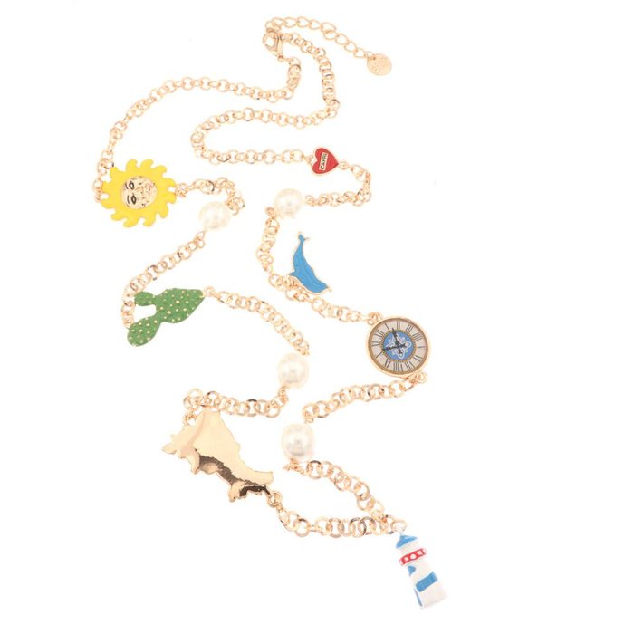 Collana in Metallo con delfino, cactus, perla, orologio, Campania, cuore con Capri e sole