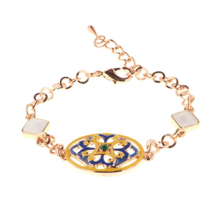 Bracelet en métal avec cristaux blancs et détail central en majolique de fleurs émaillées bleues et jaunes