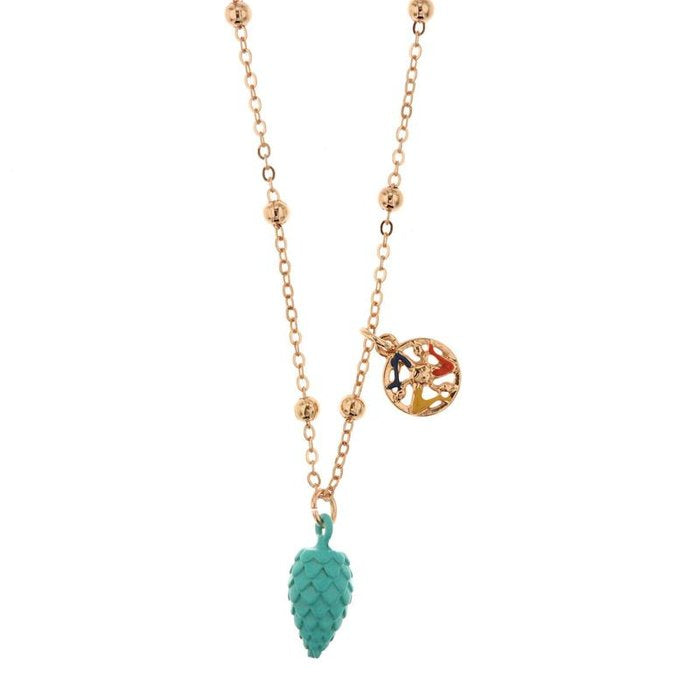 Collana in Metallo maglia a pallini, con pigna portafortuna color turchese e simbolo tre gambe della trinacria con smalti colorati