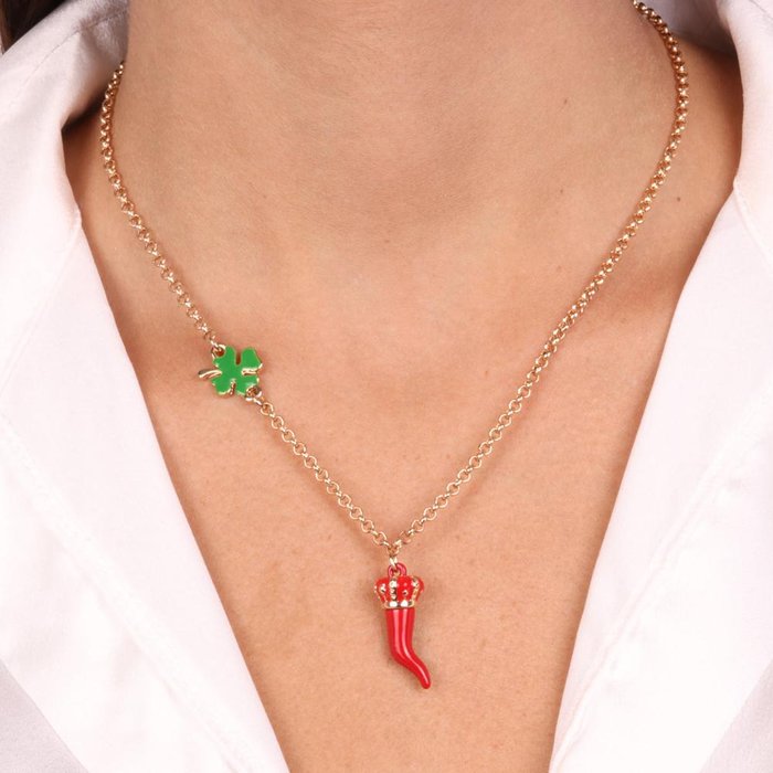 Metal necklace with lucky horn embellished with red enamel