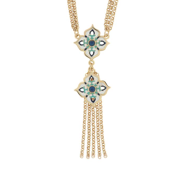 Collier en métal avec majolique colorée en forme de croix et franges pendantes