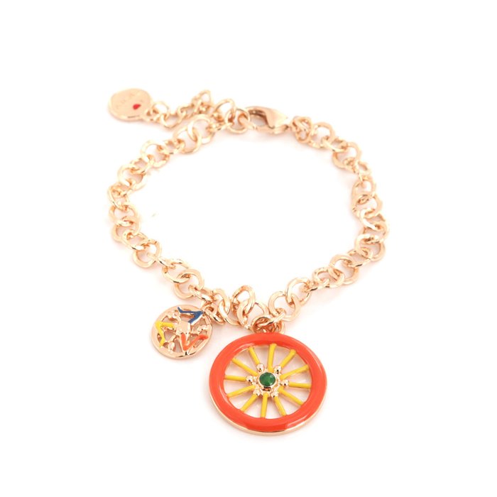 Bracelet en métal à maille rolo, avec pendentif roue de charrette sicilienne orné d'émaux colorés