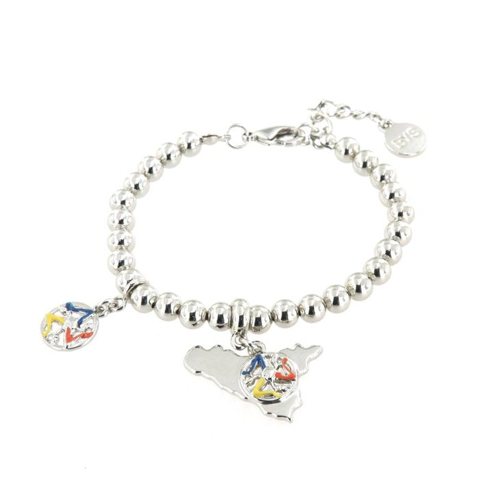 Metal bracelet with sphere mesh and pendant charms of the Sicily symbol with trinacria, embellished with colored enamels