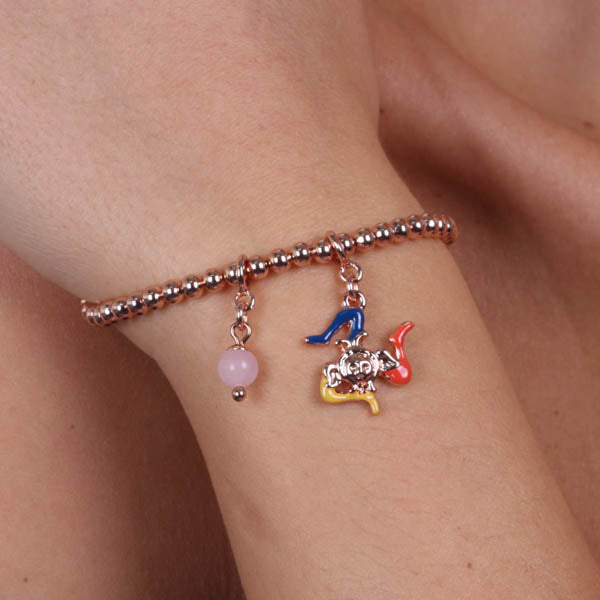 Bracciale in Metallo maglia a sfere piccole, con trinacria impreziosita da smalti e perlina rosa, pendenti