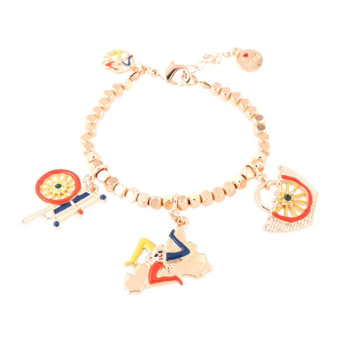 Bracelet en métal avec breloques aux couleurs siciliennes : Coffa, tambourin et Sicile