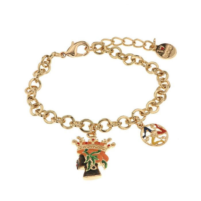 Bracelet en métal avec tête de femme maure et symbole Trinacria orné d'émaux colorés