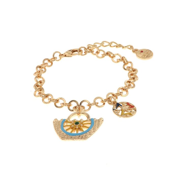 Bracelet en métal avec maille rolo et breloque en coffa et trinacria ornée d'émaux colorés