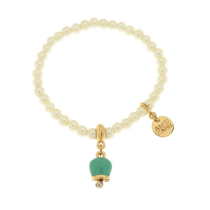 Bracciale in Metallo con perle e campanella portafortuna in smalto verde