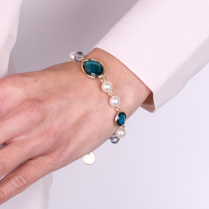 Metal bracelet with blue crystals inspired by Murano glass and pearls
