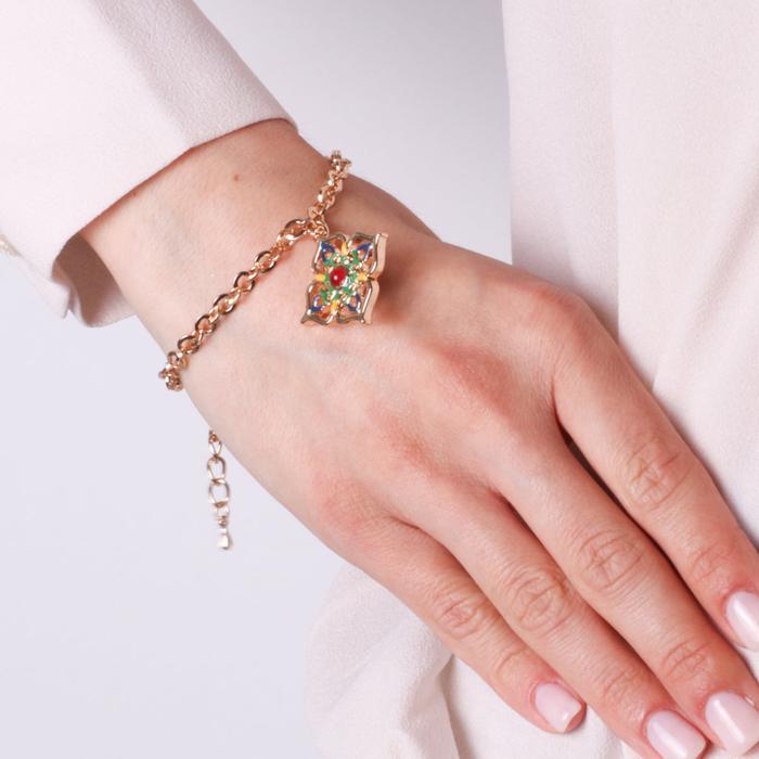 Metal bracelet with pendant cross embellished with majolica
