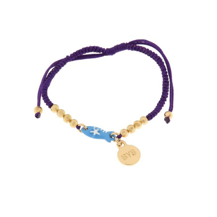 Bracelet en métal avec cordon violet et sphères de poisson bleues