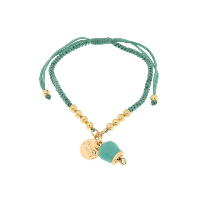 Bracelet en métal avec cordon turquoise et sphères avec clochette